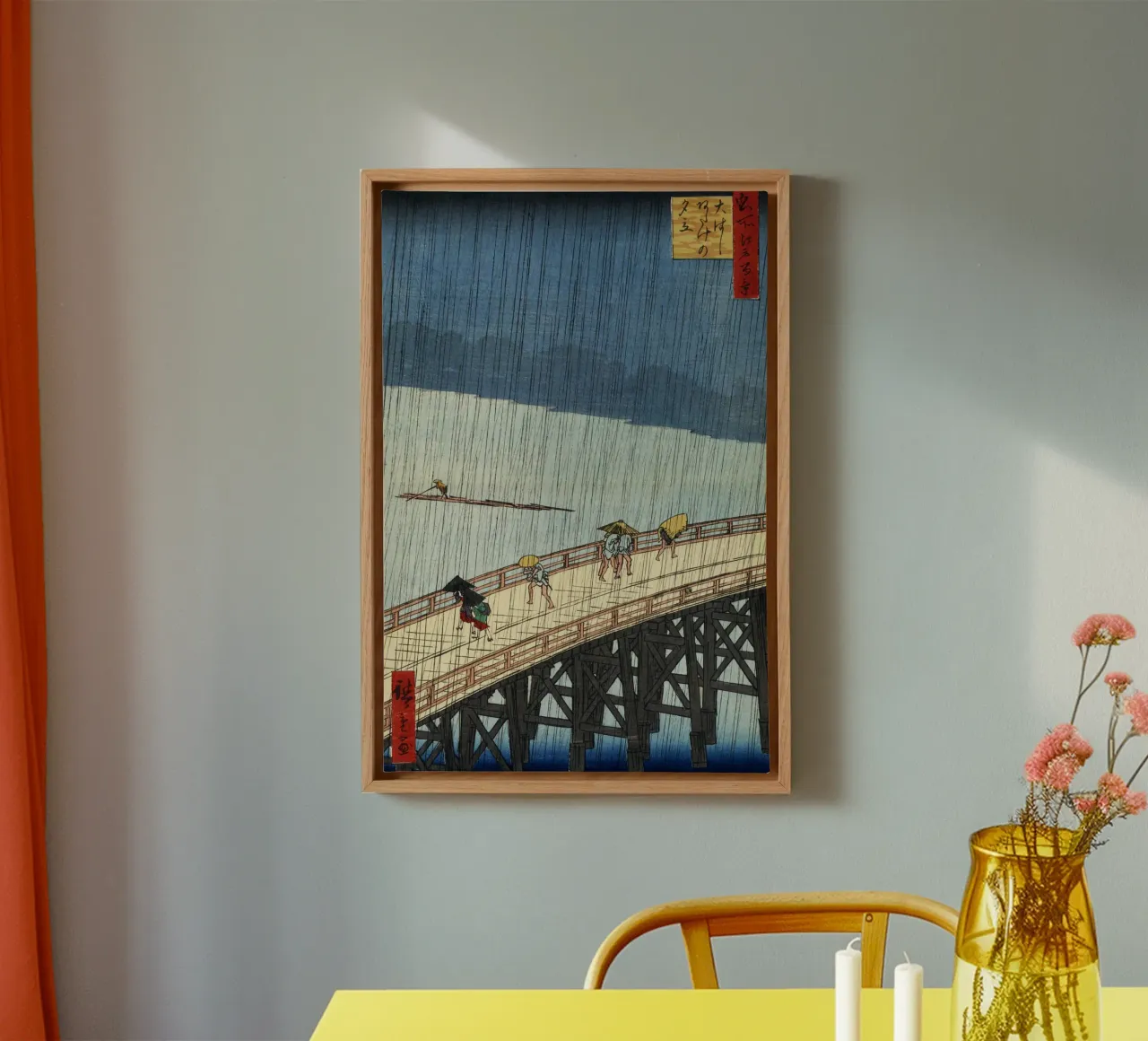 Utagawa Hiroshige - Plotselinge regenbui over de Shin-Ōhashi brug canvas met Baklijst van William Store