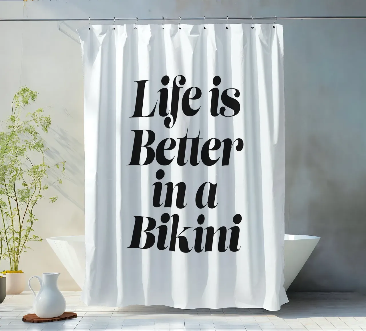 Das Leben ist besser in einem Bikni Zitat Duschvorhang von Paigaam Studio