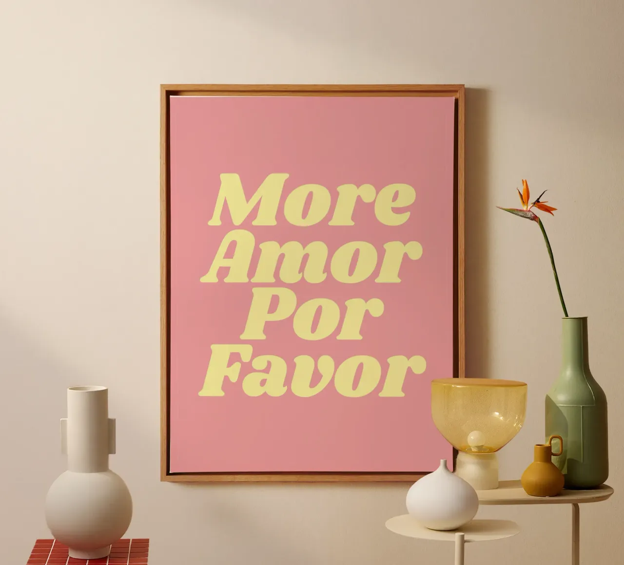 Più Amor Por Favor (tonalità rosa) tela con Cornice a cassetta da Paigaam Studio