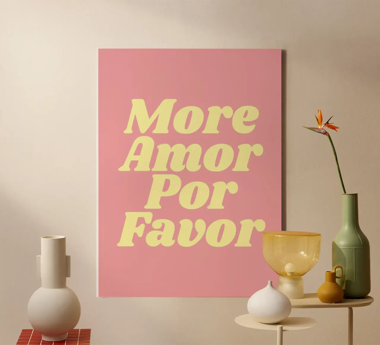 Più Amor Por Favor (tonalità rosa) tela con Cornice a cassetta da Paigaam Studio