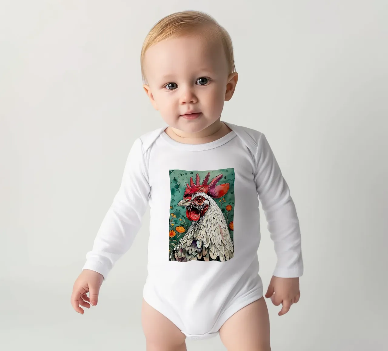 Rooster animal art long-sleeve baby romper by Justyna Jaszke JBJart