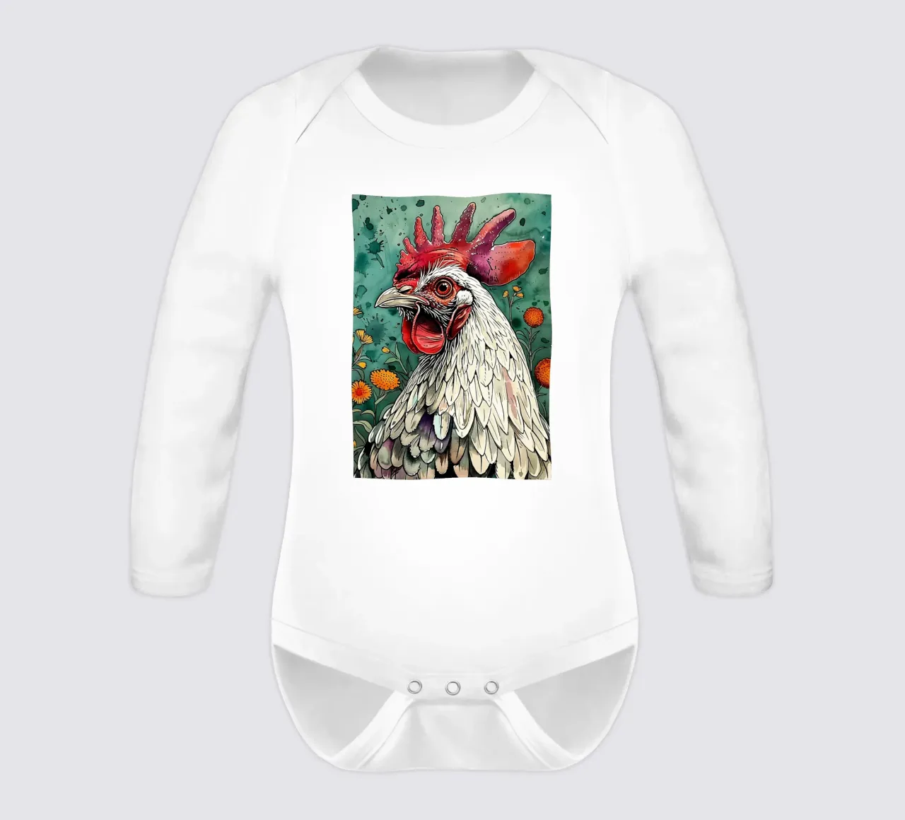 Rooster animal art long-sleeve baby romper by Justyna Jaszke JBJart