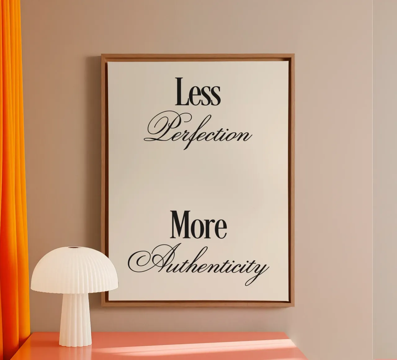 Less Perfection More Authenticity quote canvas with Floater frame by Paigaam Studio