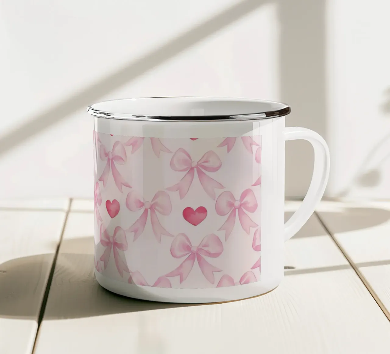 Pink Bows Red Hearts Love Romantic Cute Valentine's Day enamel mug by Gentle Echoes Art