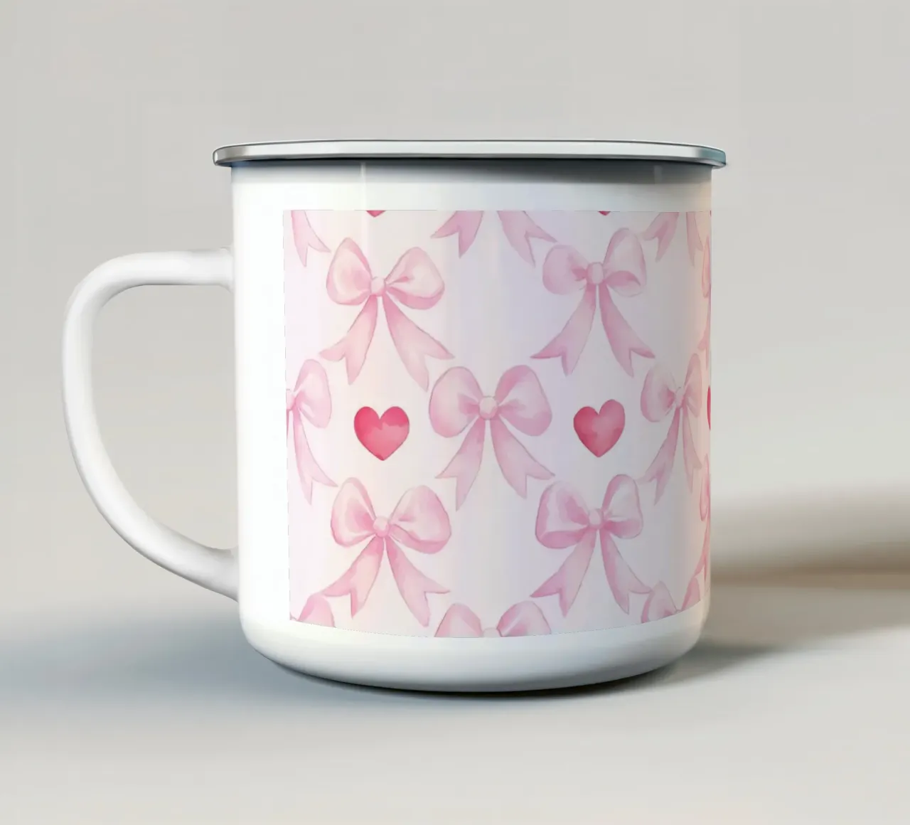 Pink Bows Red Hearts Love Romantic Cute Valentine's Day enamel mug by Gentle Echoes Art