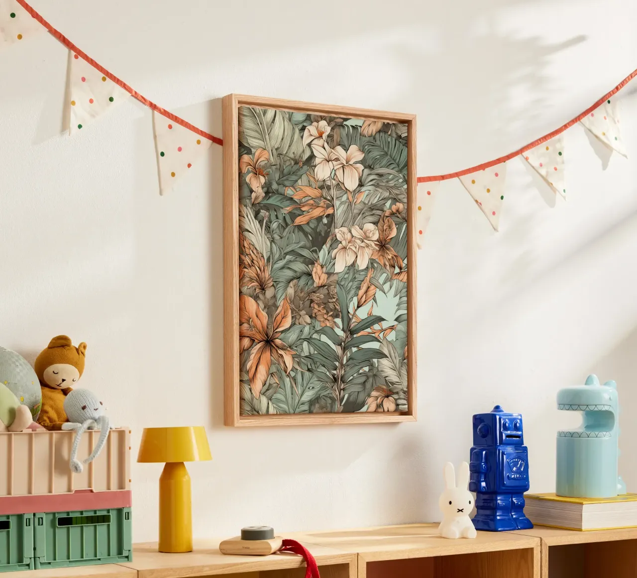 Nature flowers and leaves pattern canvas with Floater frame by Justyna Jaszke JBJart