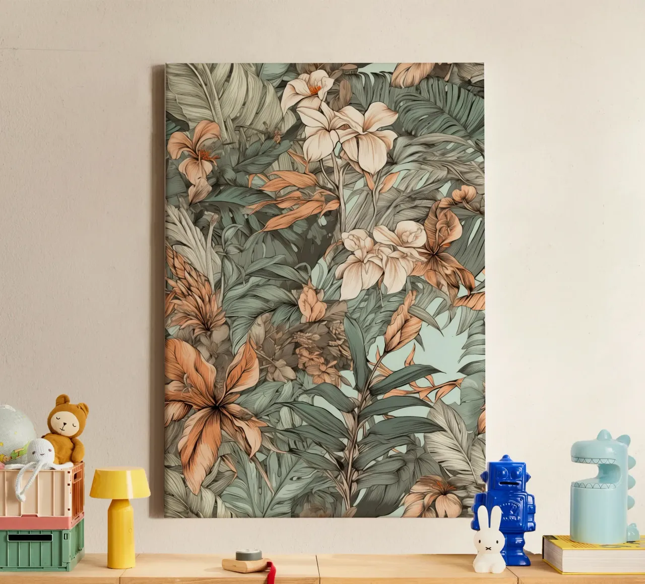 Nature flowers and leaves pattern canvas with Floater frame by Justyna Jaszke JBJart