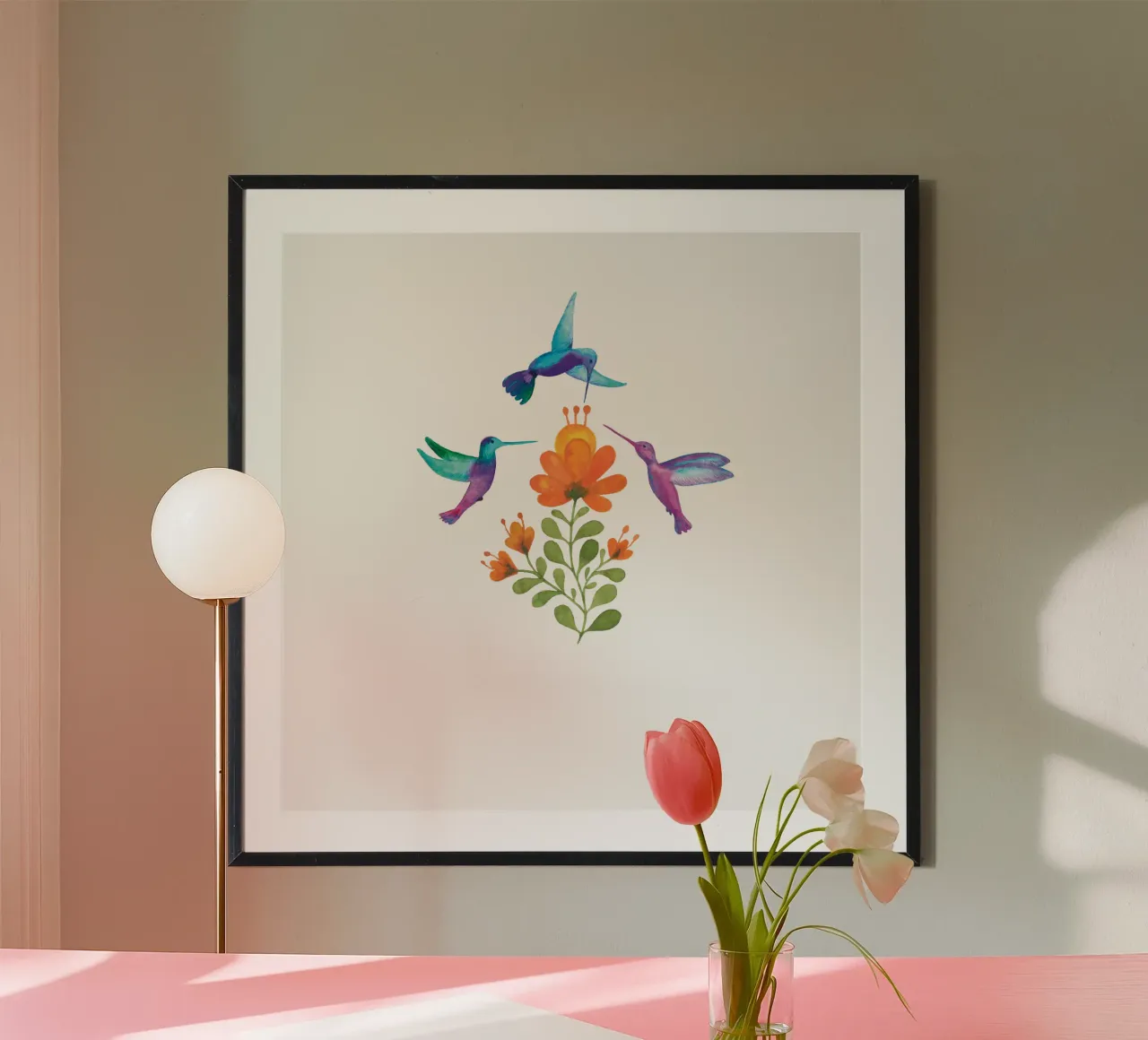 Colibrì e fiori poster con telaio in plastica da Stefanie Guckau