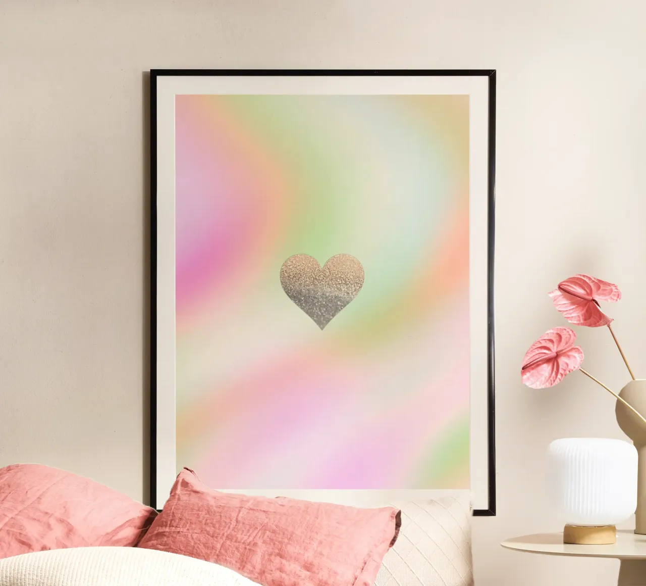 Goldherz Regenbogen Poster mit Aluminium Rahmen von Monika Strigel