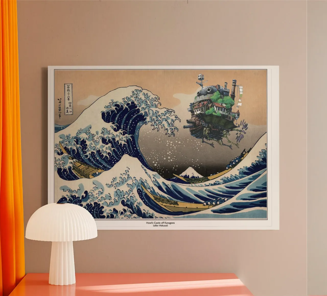Howl's Moving Castle & De grote golf - Japanse print canvas met Baklijst van Mashtup