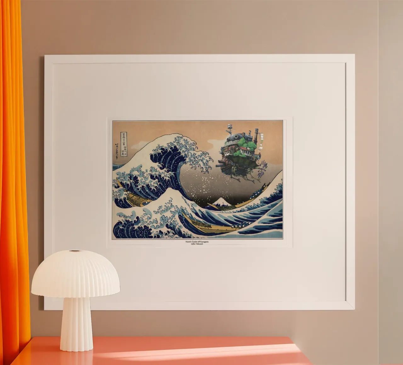 Howl's Moving Castle & The Great Wave - Impresión japonesa poster con marco de aluminio de Mashtup