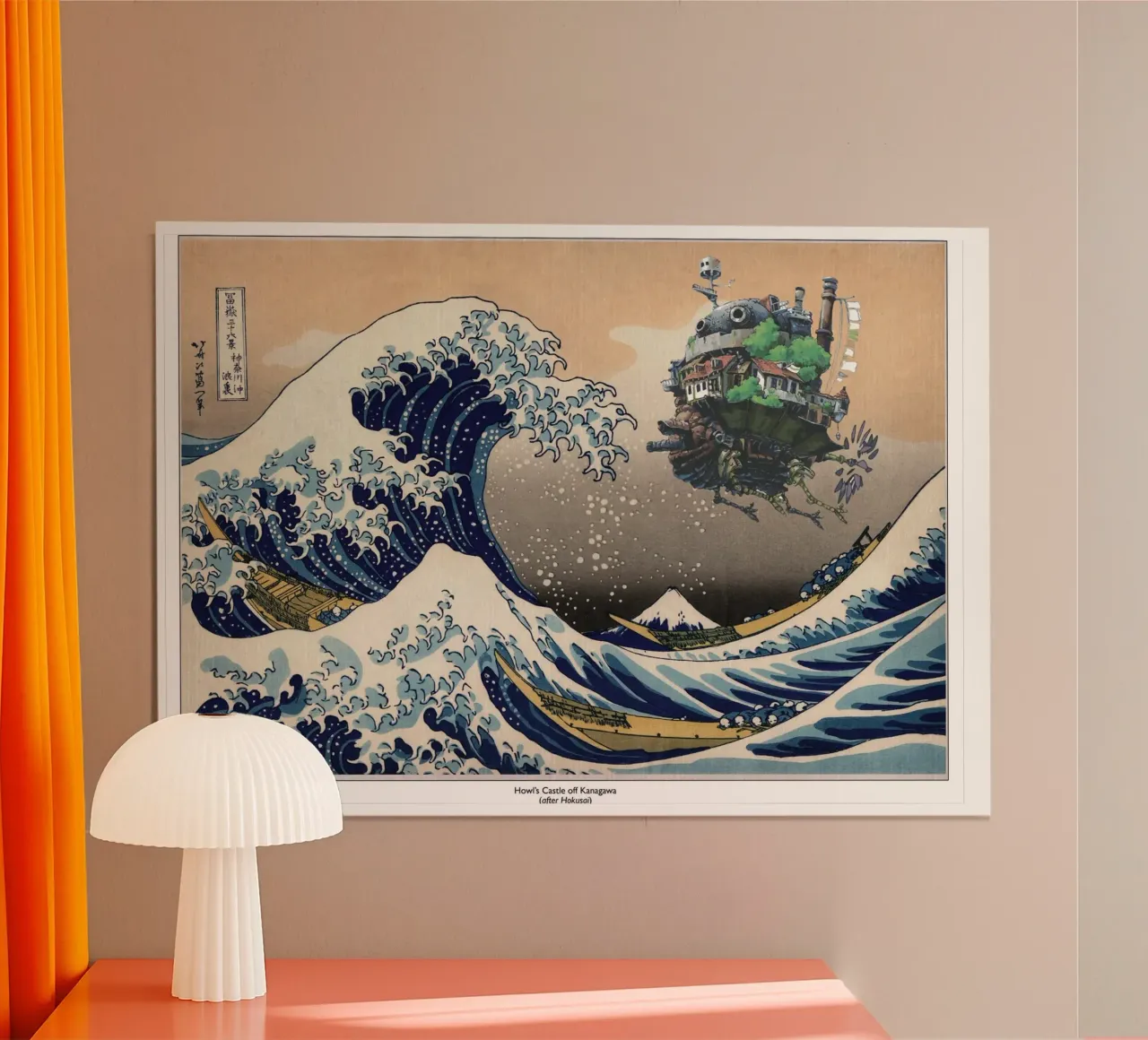 Howl's Moving Castle & The Great Wave - Impresión japonesa poster con marco de aluminio de Mashtup