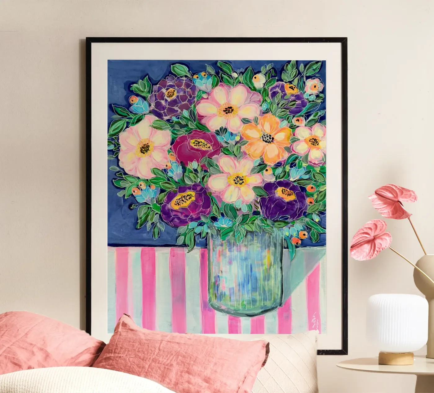 Blumenstrauß, Pfingstrosen Poster mit Holzrahmen von Stefanie Guckau