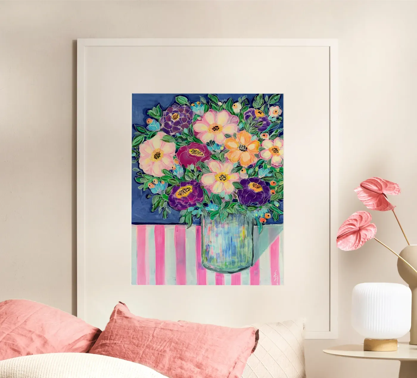 Blumenstrauß, Pfingstrosen Poster mit Holzrahmen von Stefanie Guckau