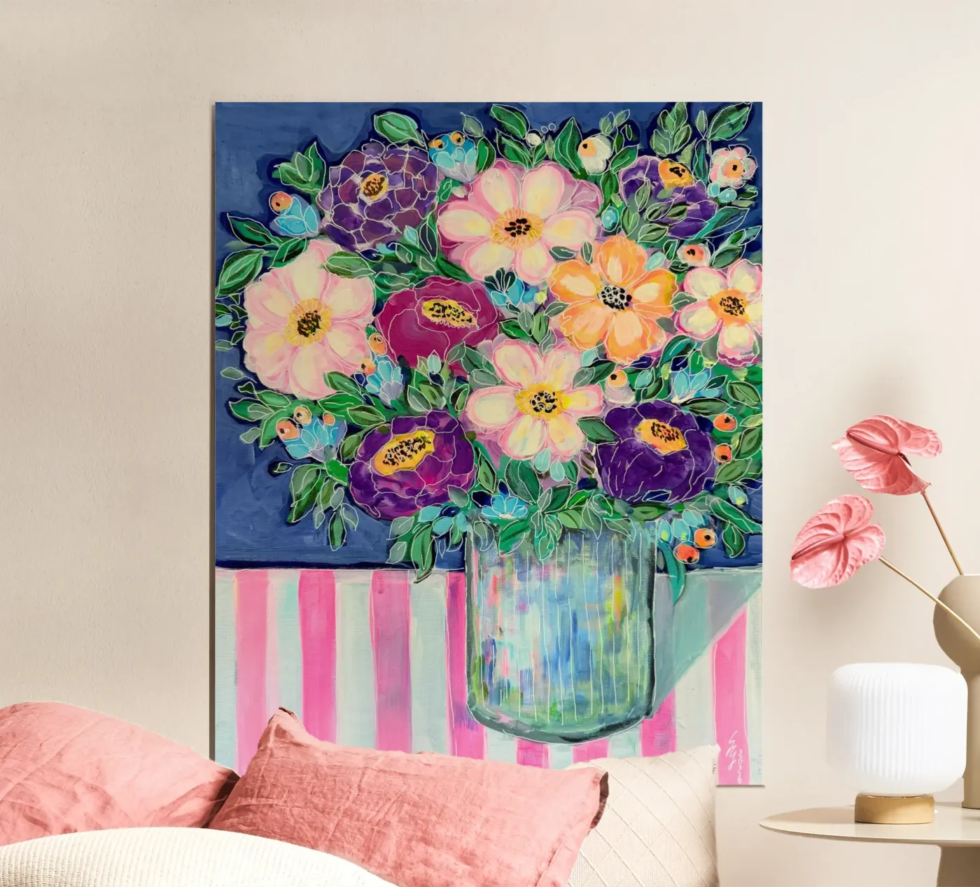 Blumenstrauß, Pfingstrosen Poster mit Holzrahmen von Stefanie Guckau