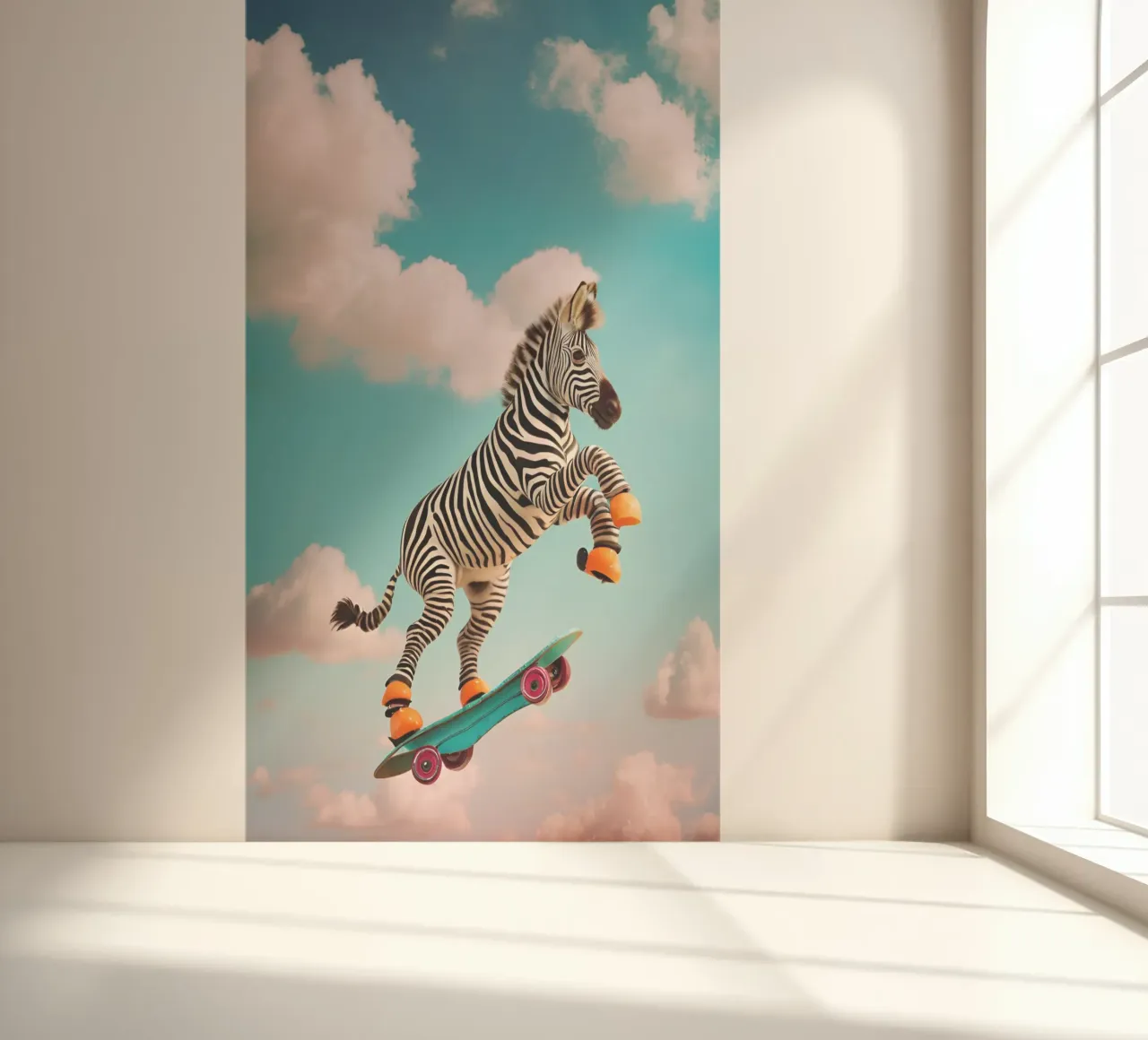 Sky-High Skateboarding Zebra photo wallpaper by Doodle Dreams Art