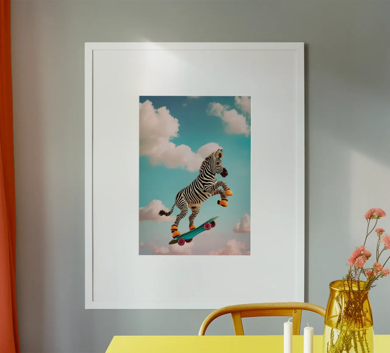 Sky-High Skateboarding Zebra poster con telaio in alluminio da Doodle Dreams Art