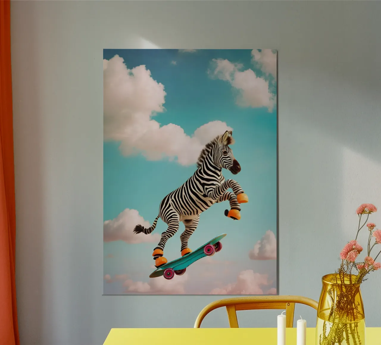 Sky-High Skateboarding Zebra poster con telaio in alluminio da Doodle Dreams Art