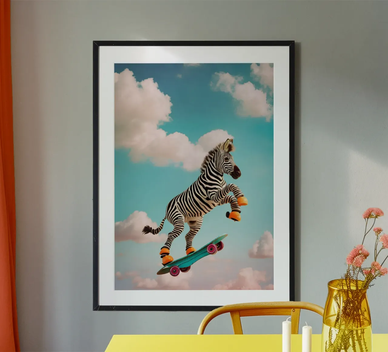 Sky-High Skateboarding Zebra poster con telaio in alluminio da Doodle Dreams Art