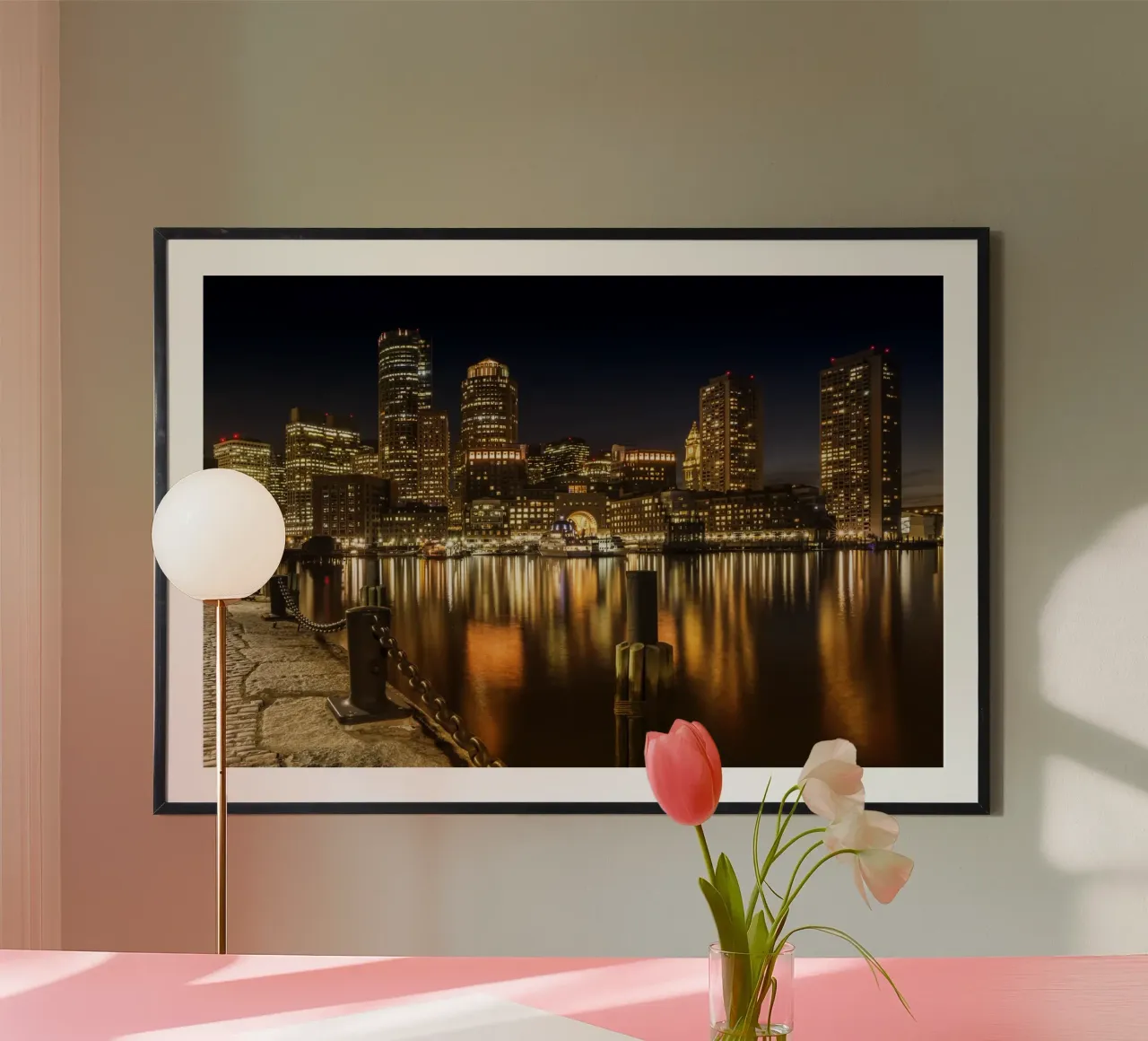 BOSTON Fan Pier Park e Skyline di notte poster con telaio in legno da Melanie Viola