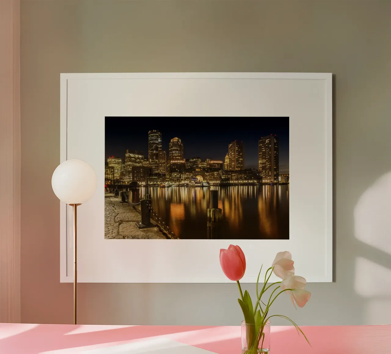 BOSTON Fan Pier Park e Skyline di notte poster con telaio in legno da Melanie Viola