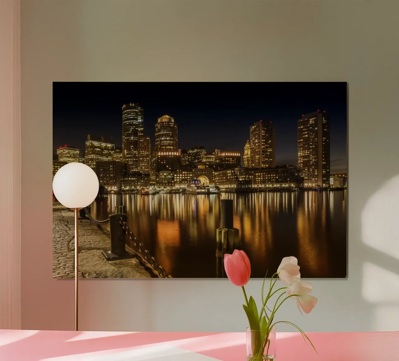 BOSTON Fan Pier Park e Skyline di notte poster con telaio in legno da Melanie Viola
