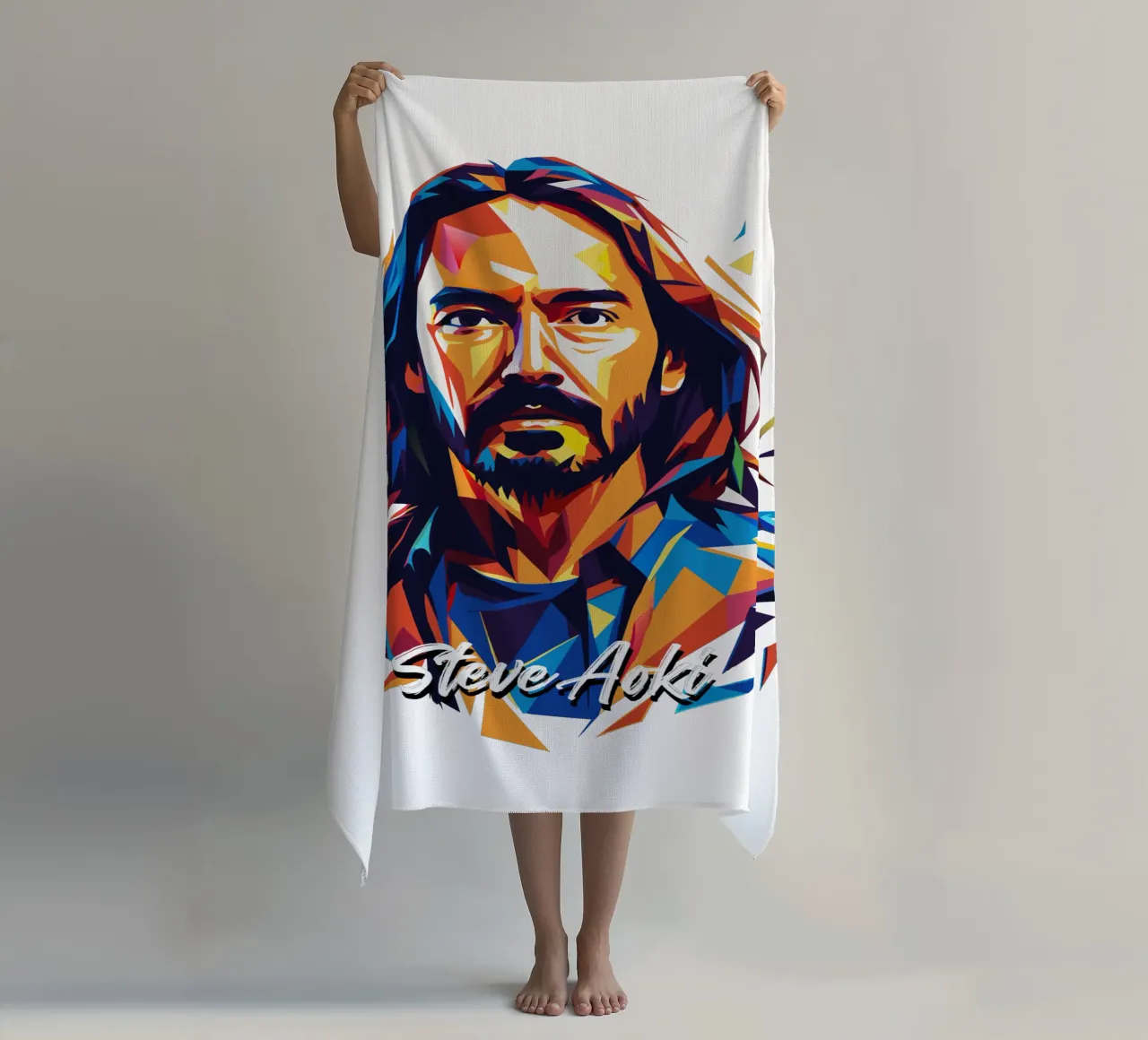 Ritratto pop art di Steve Aoki telo mare da vectorartnesia