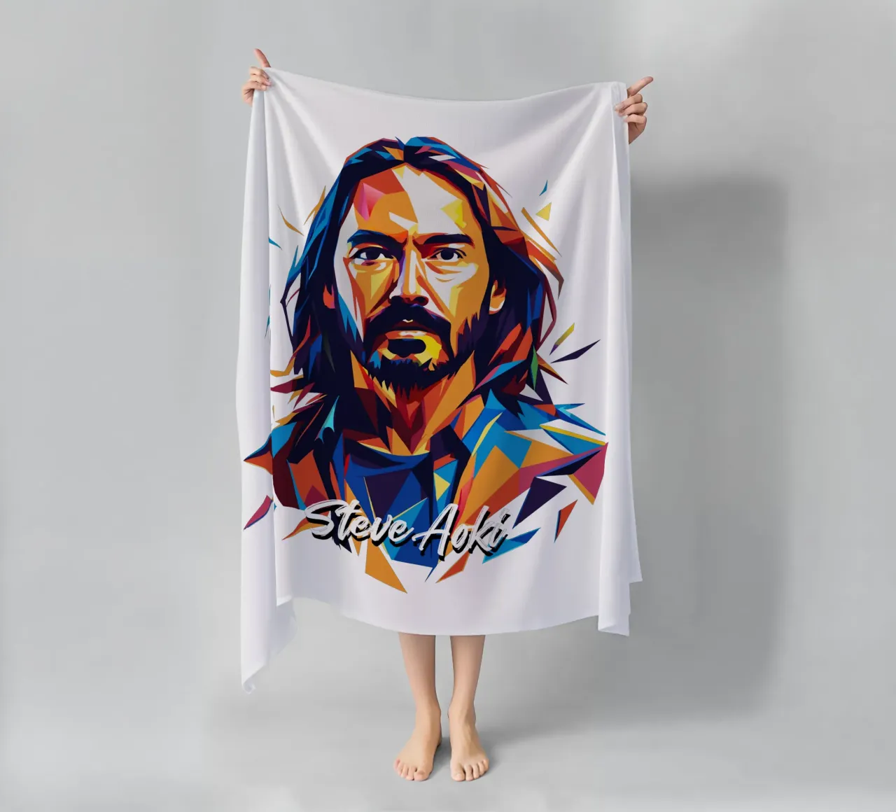 Ritratto pop art di Steve Aoki telo mare da vectorartnesia