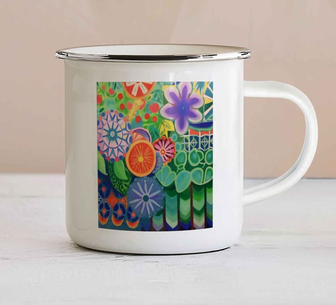Un'esplosione di fiori colorati tazza in smalto da Carinaprint