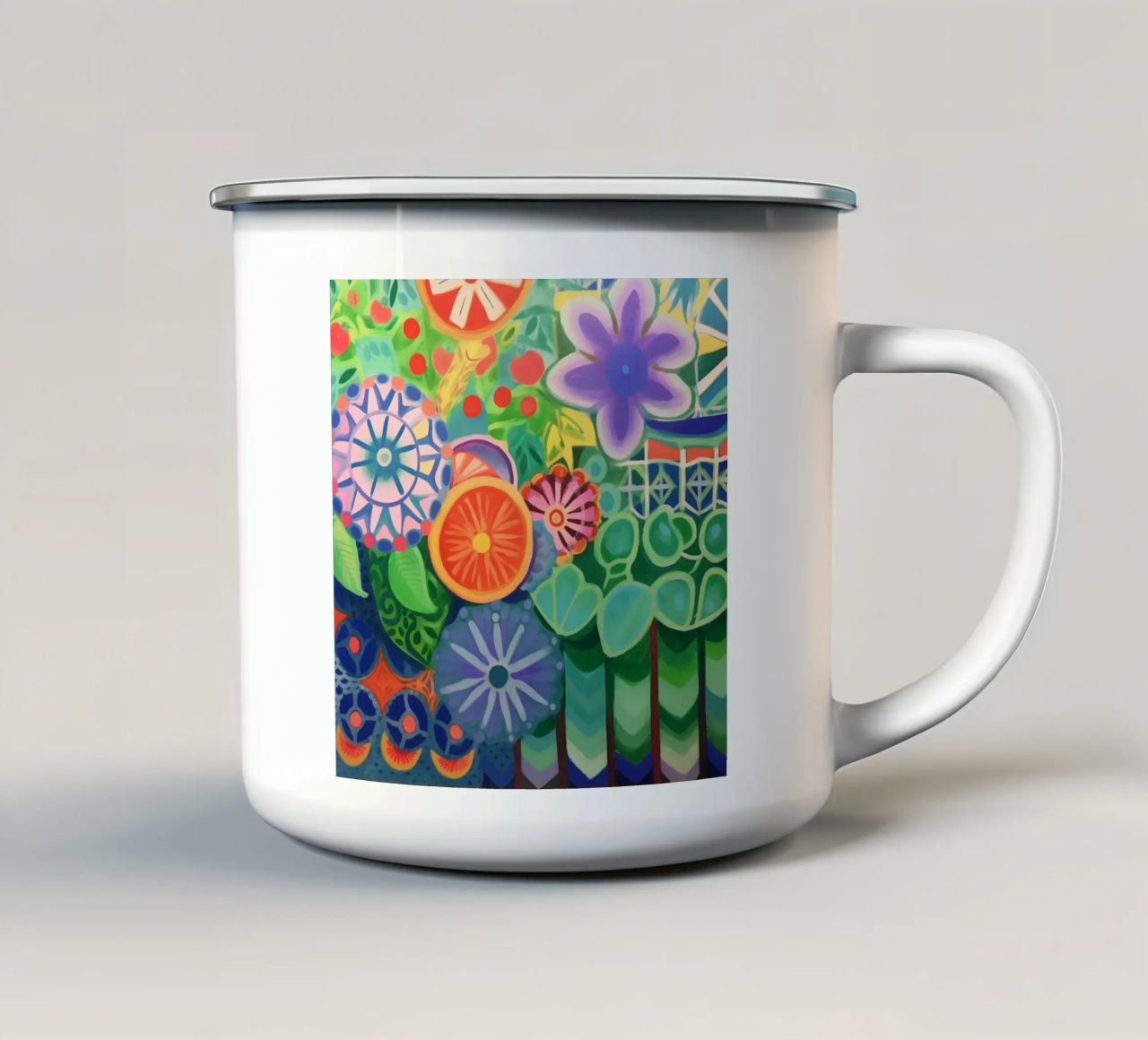 Un'esplosione di fiori colorati tazza in smalto da Carinaprint