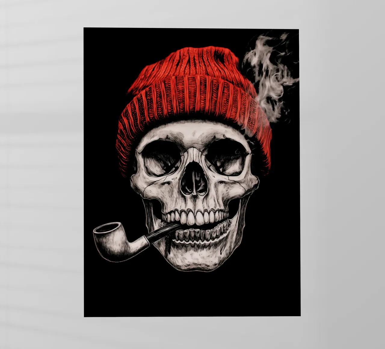 Teschio di pescatore con pipa da tabacco e cappello rosso con pompon. pellicola backlit da Autofocus