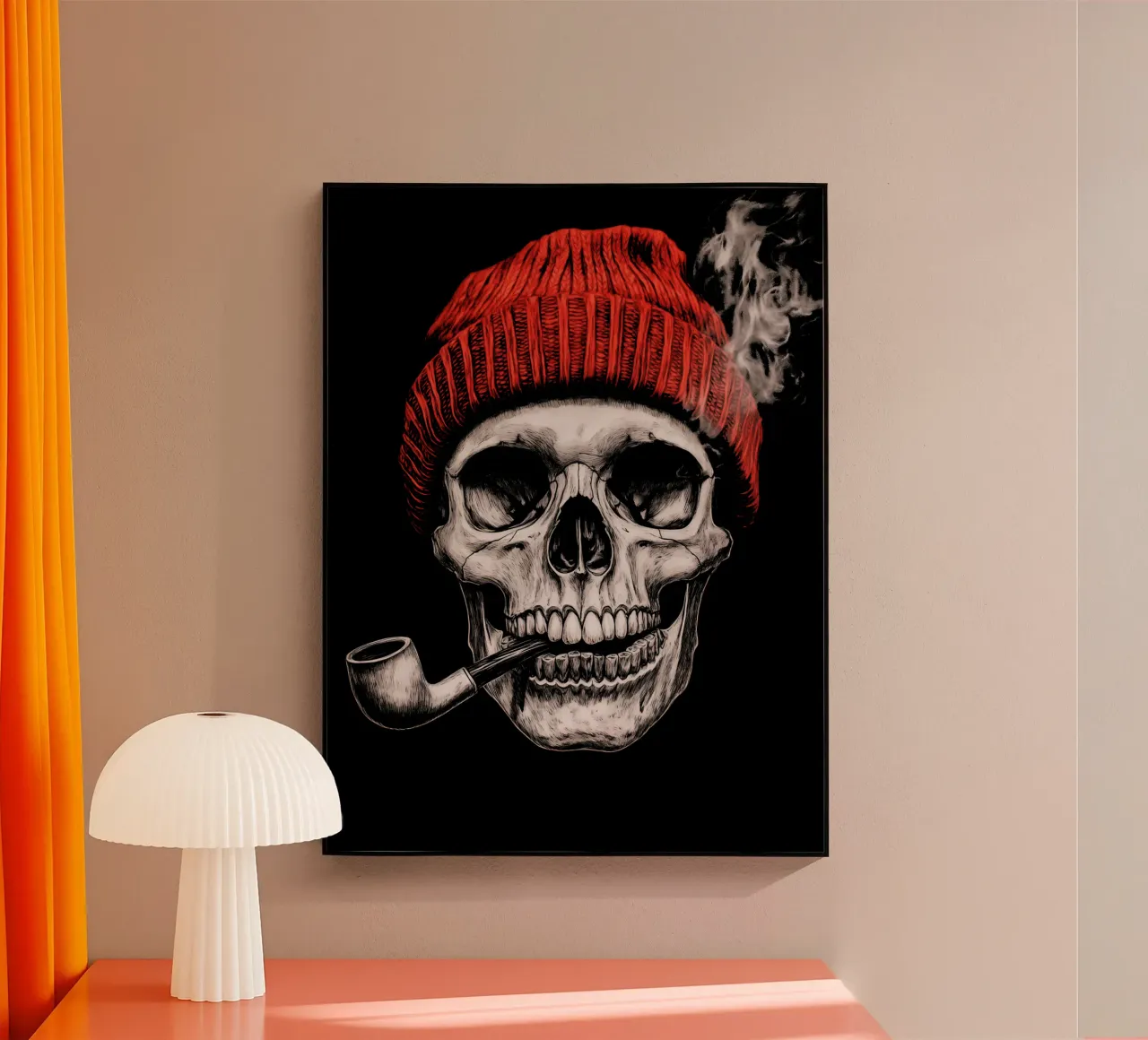 Teschio di pescatore con pipa da tabacco e cappello rosso con pompon. plexiglass da Autofocus
