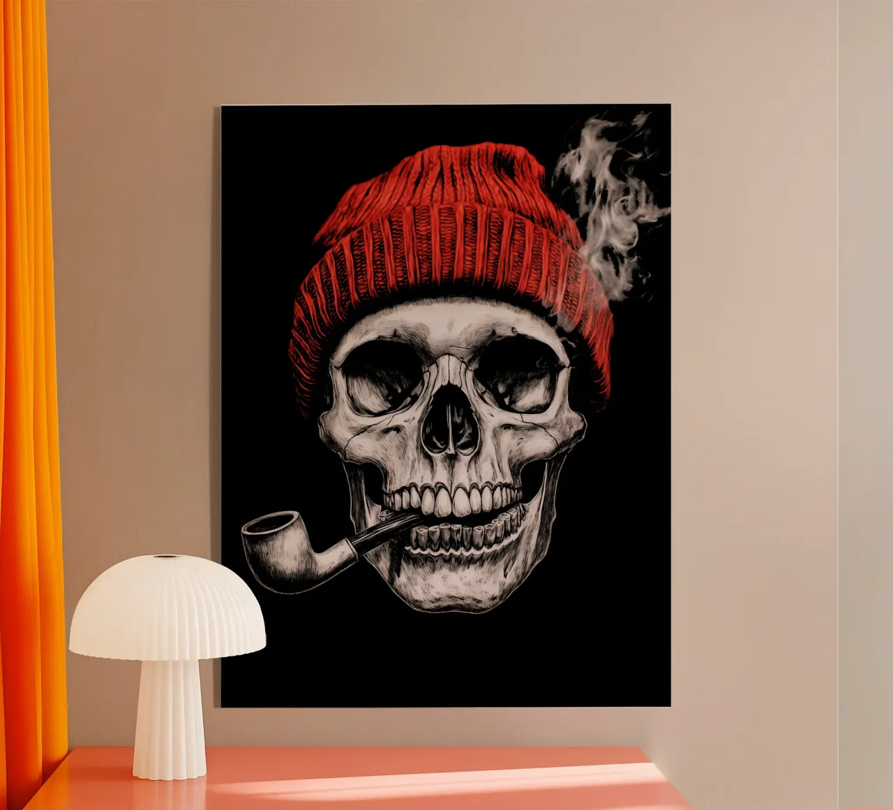 Teschio di pescatore con pipa da tabacco e cappello rosso con pompon. plexiglass da Autofocus