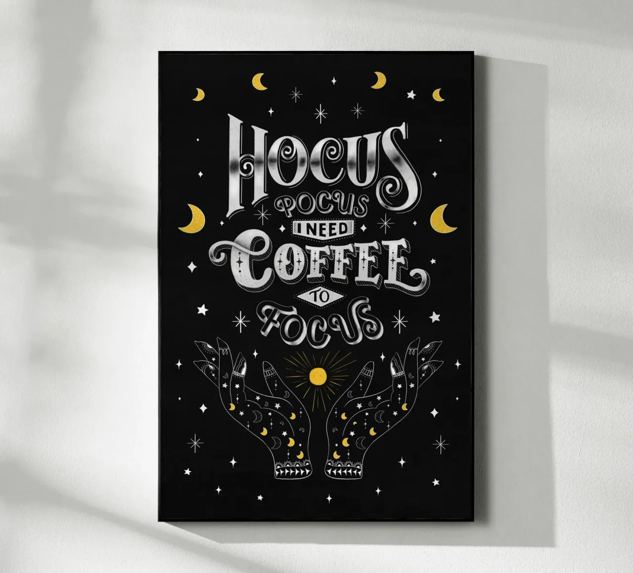 Slogan del caffè. Hocus Pocus. Scritta su lavagna. plexiglass da CalliLetters