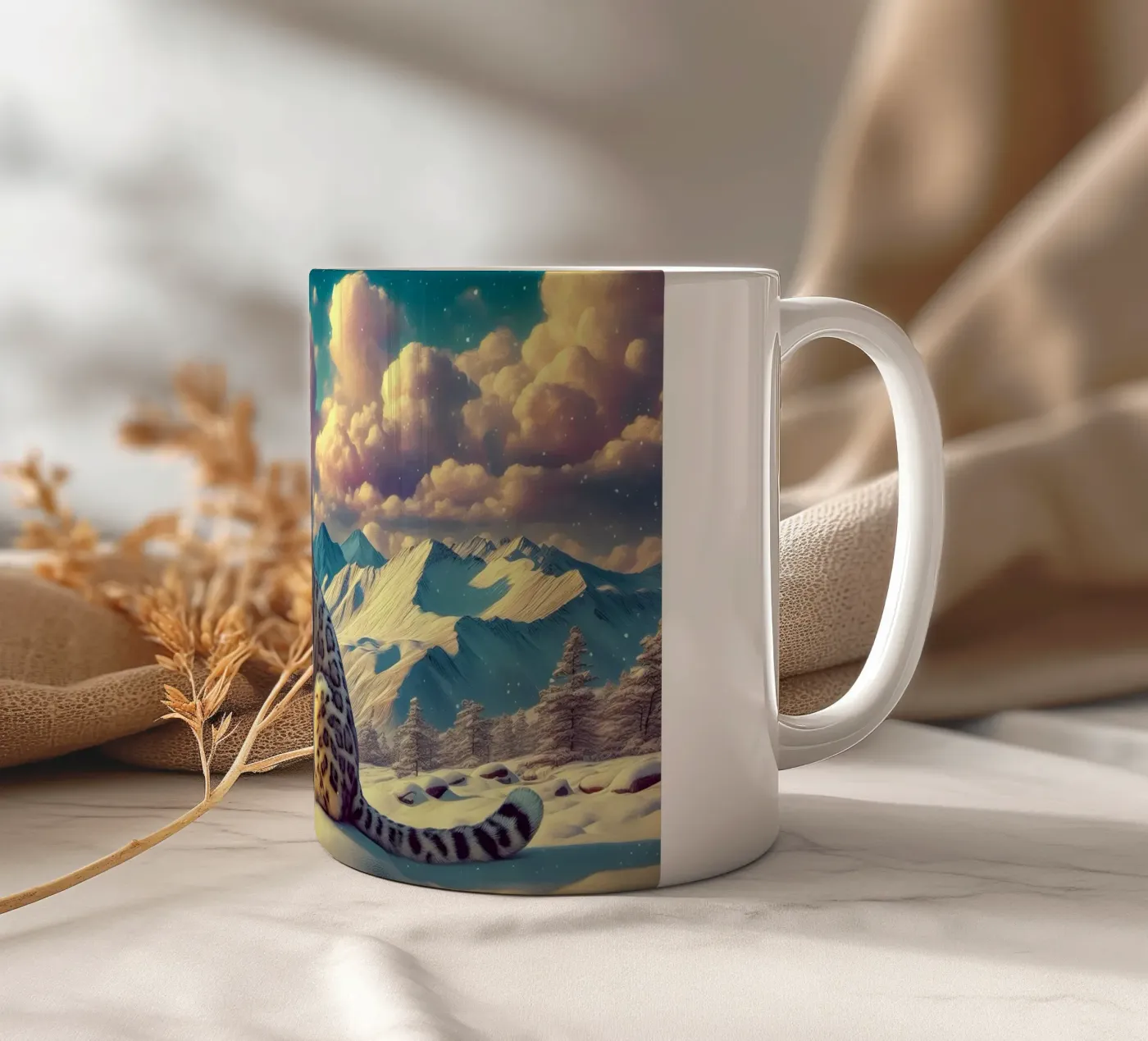 WHITE LEOPARD ceramic mug by RUBIANT ART