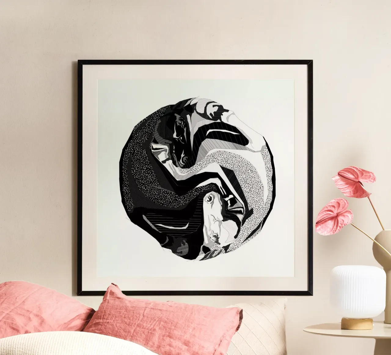Ying Yang Horses poster con telaio in legno da Birgit Palma