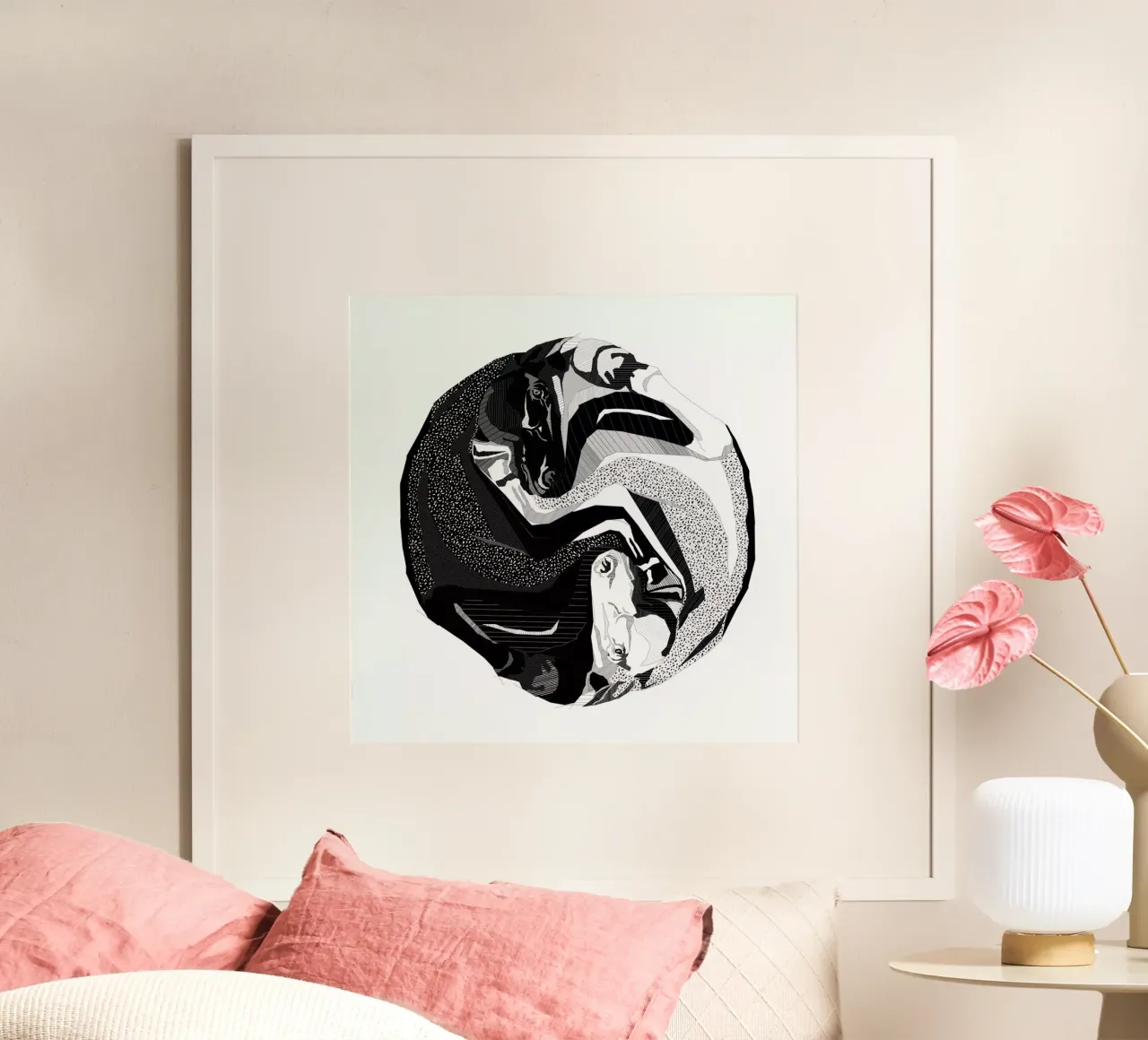 Ying Yang Horses poster con telaio in legno da Birgit Palma