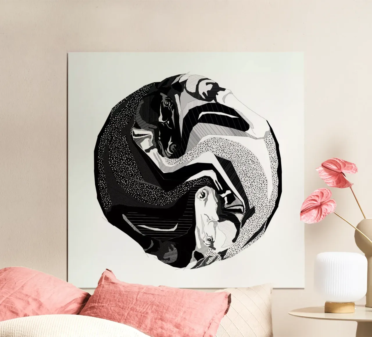 Ying Yang Horses poster con telaio in legno da Birgit Palma