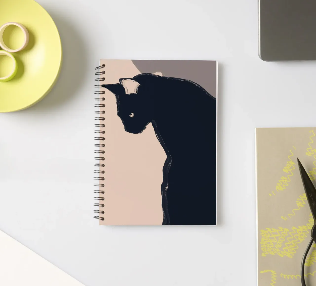 Minimal Abstract Art Black Cat spiral notebook by ThingDesign