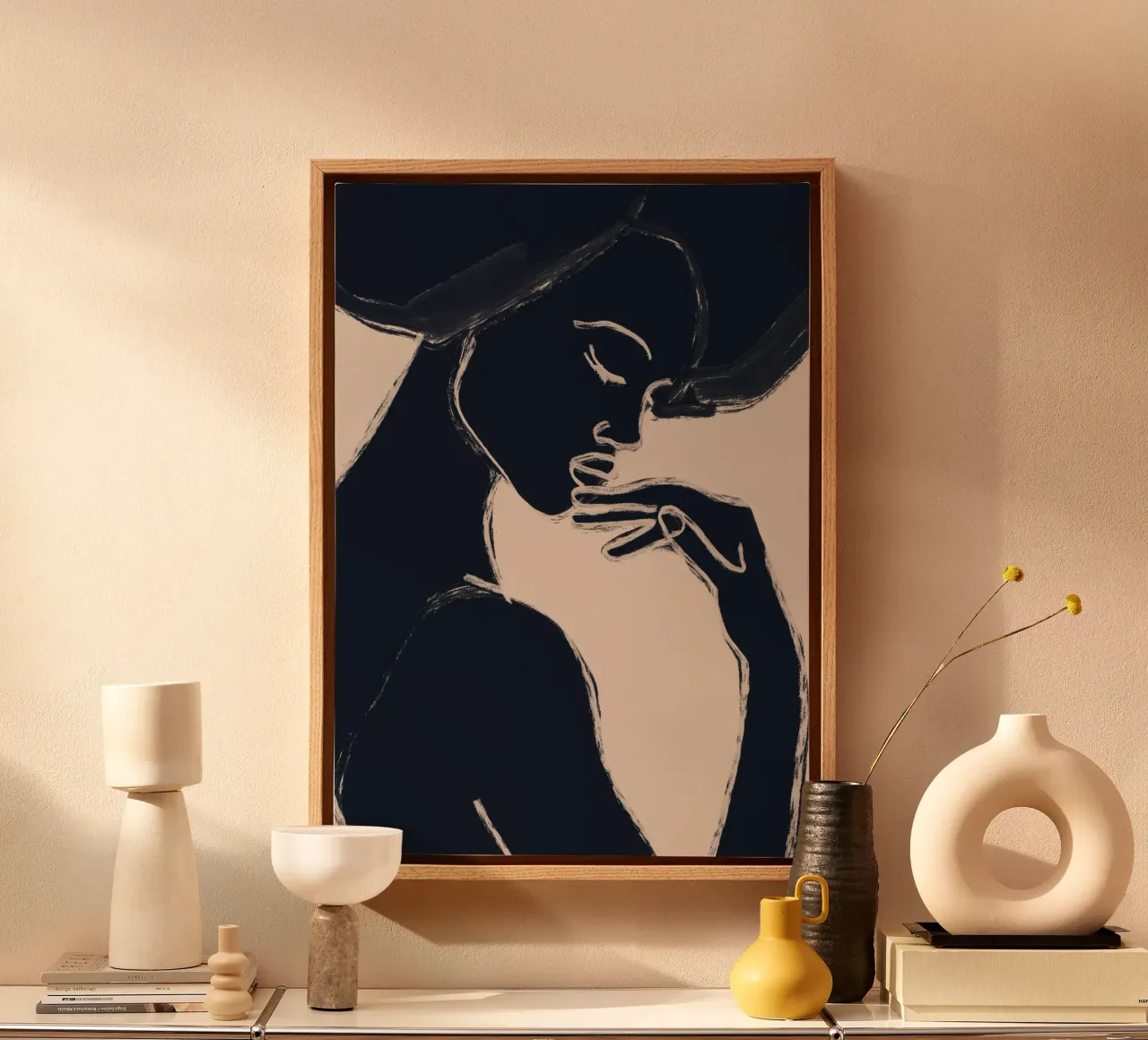 Minimalistische abstracte kunst vrouw portret canvas met Baklijst van ThingDesign