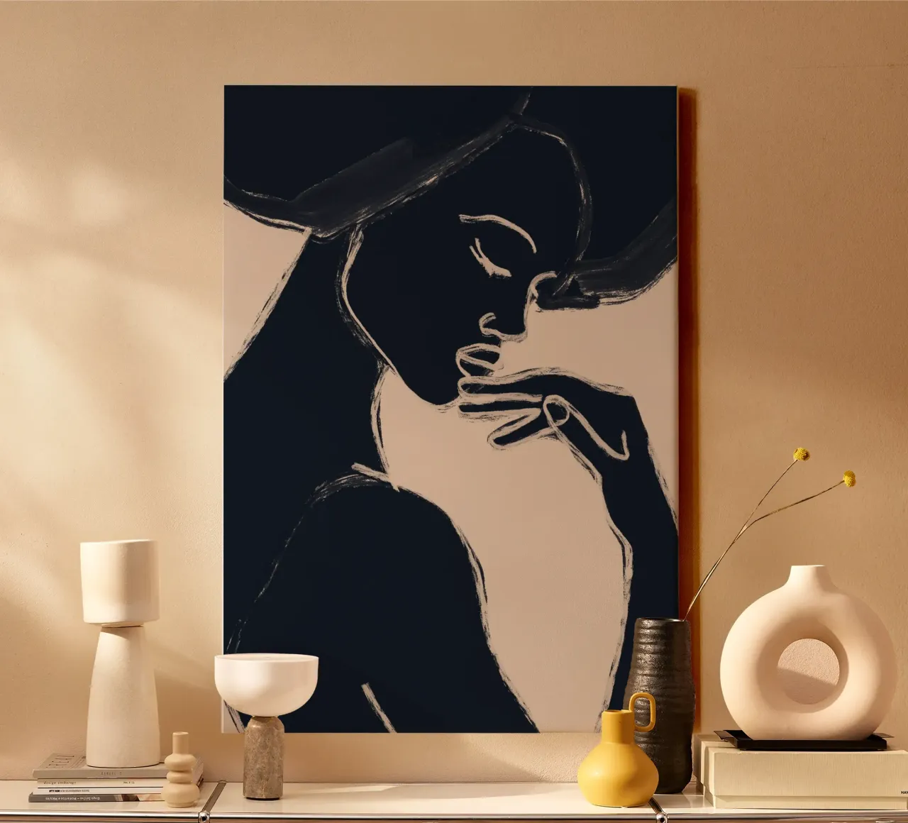 Minimalistische abstracte kunst vrouw portret canvas met Baklijst van ThingDesign