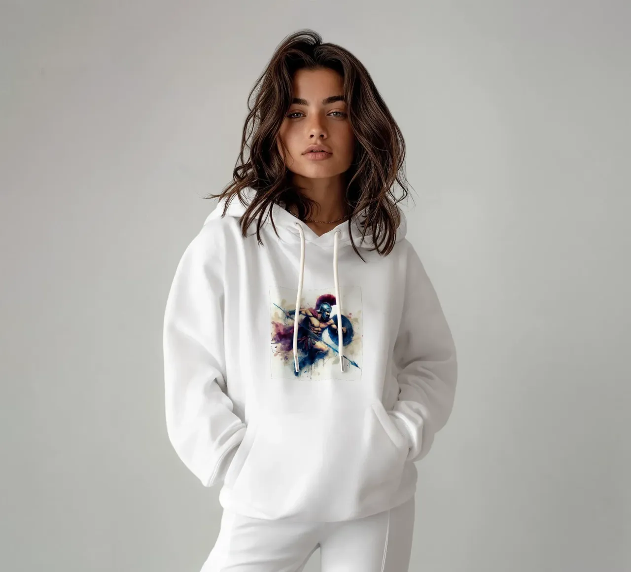 Spartan Greek warrior in watercolor hoodie by 🎁 ARTVI-SHOP