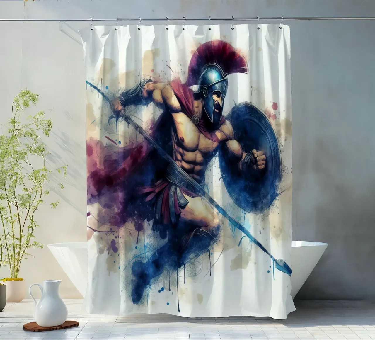 Spartan Greek warrior in watercolor shower curtain by 🎁 ARTVI-SHOP