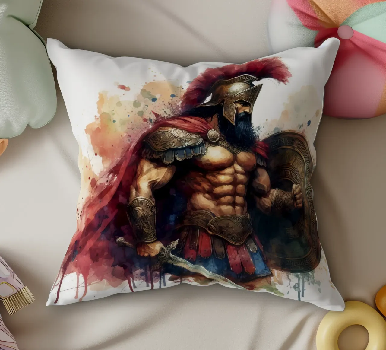 Guerriero greco spartano in acquerello cuscino da 🎁 ARTVI-SHOP