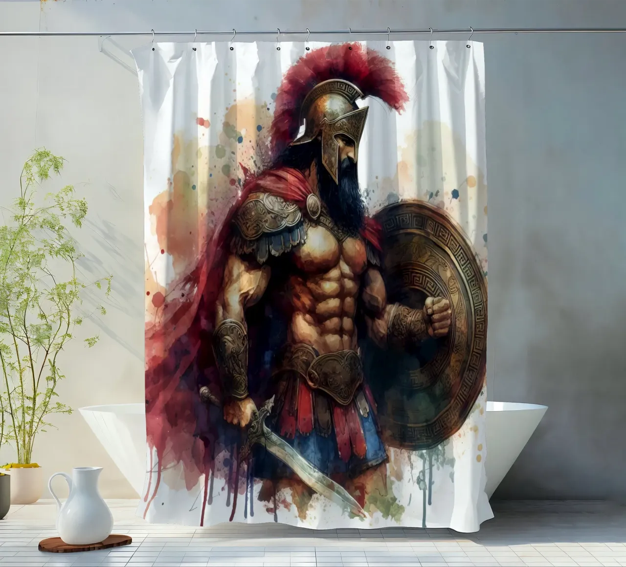 Spartan Greek warrior in watercolor shower curtain by 🎁 ARTVI-SHOP