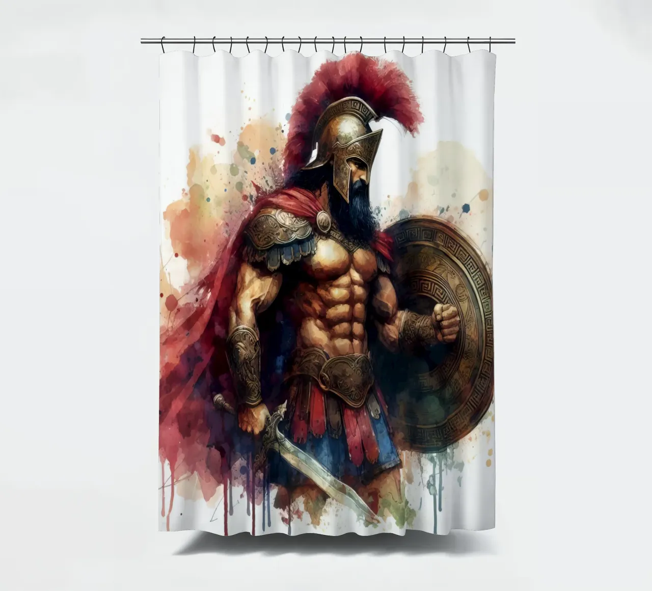 Spartan Greek warrior in watercolor shower curtain by 🎁 ARTVI-SHOP