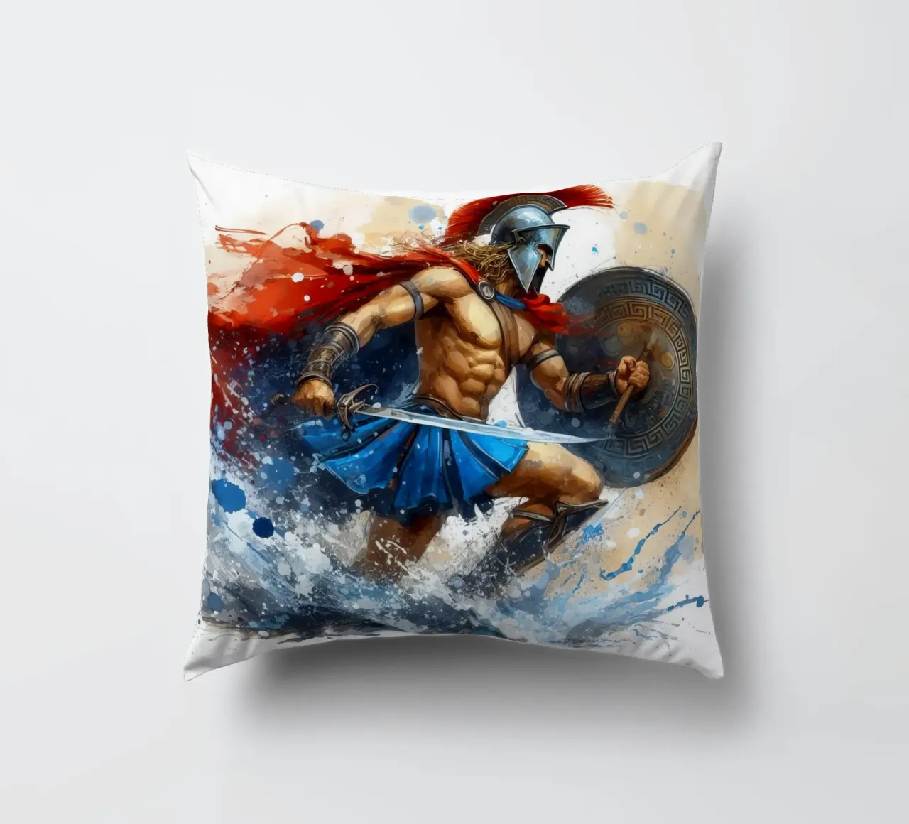 Guerriero greco spartano in acquerello cuscino da 🎁 ARTVI-SHOP