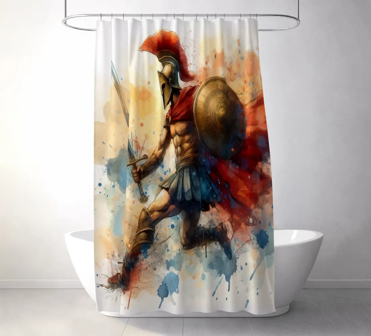 Spartan Greek warrior in watercolor shower curtain by 🎁 ARTVI-SHOP