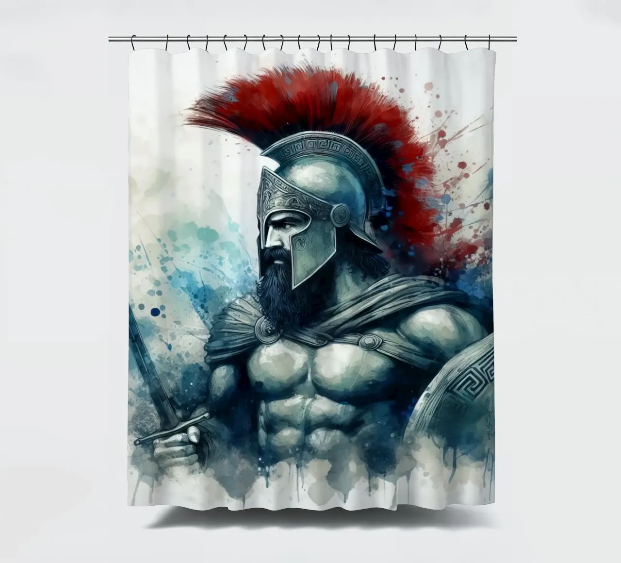 Spartan Greek warrior in watercolor shower curtain by 🎁 ARTVI-SHOP