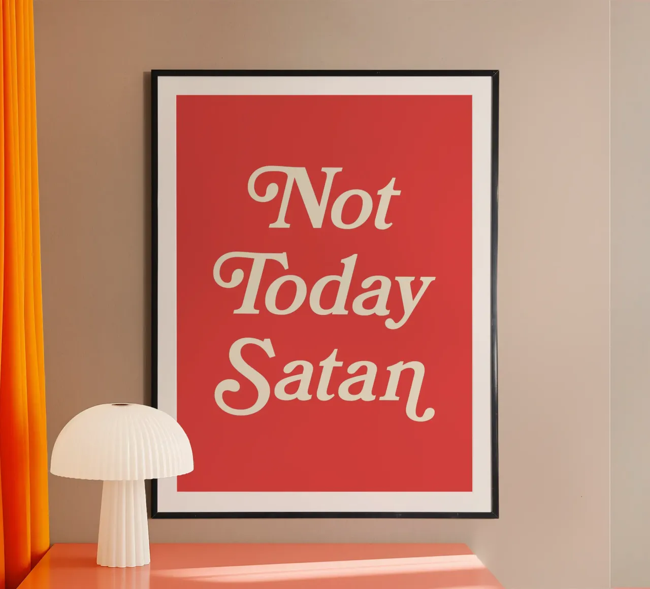 Non oggi Satana (tono rosso) poster con telaio in plastica da Paigaam Studio